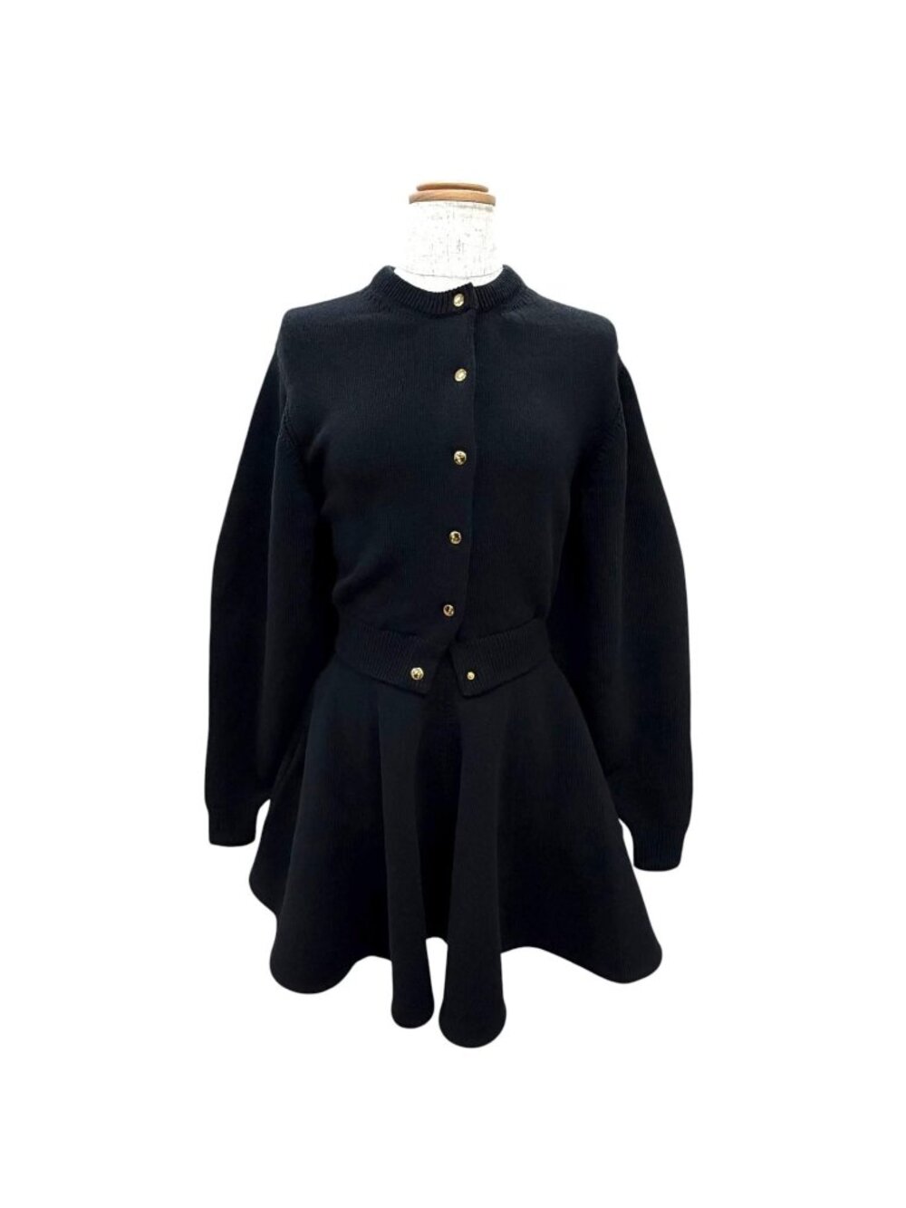 Celine Mini Dress Wool Logo Button Long Sleeve Knit Flare Black XS